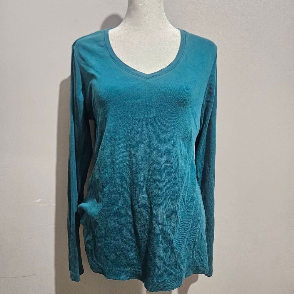 Eddie Bauer XL Teal Blue V-Neck Long Sleeve Tee Top